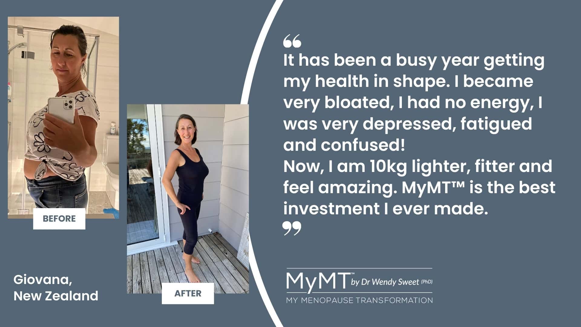 Testimonial from middle aged woman talking about how the MyMT program helped with her Post Menopause Weight Gain