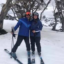Annelise Ruhl and hubbie skiing